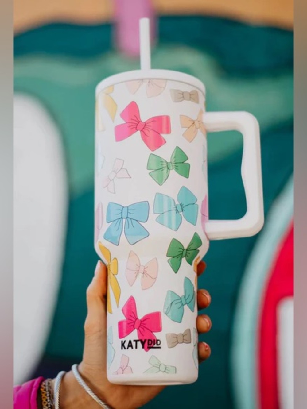 Katydid White Tumbler with Multicolor Bow Print and Handle